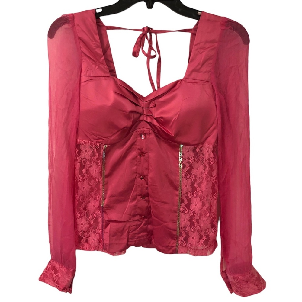 NWT Lucy Paris Hot Pink Sheer Lace Satin Corset Blouse Sz M Y2K Coquette